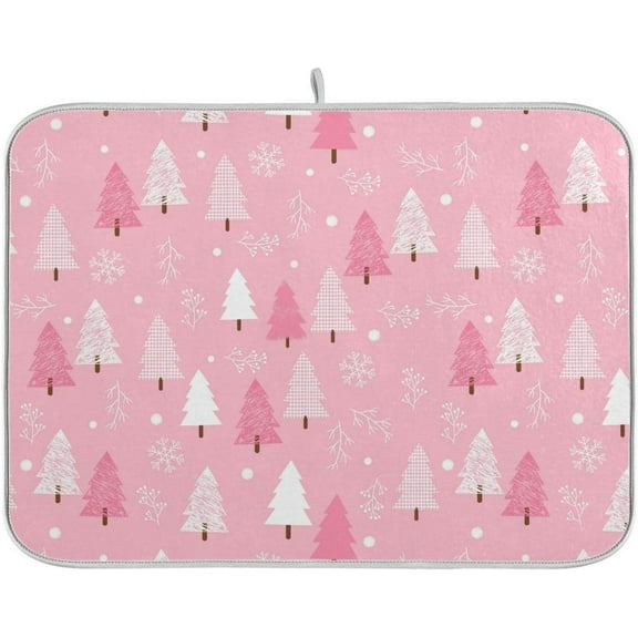 Christmas Tree Pink Dish Drying Mat for Kitchen Winter Snowflake Xmas Microfiber Drying Mats Absorbent Reversible Dish Pad Medium Dish Draining Mat 16x18 inch