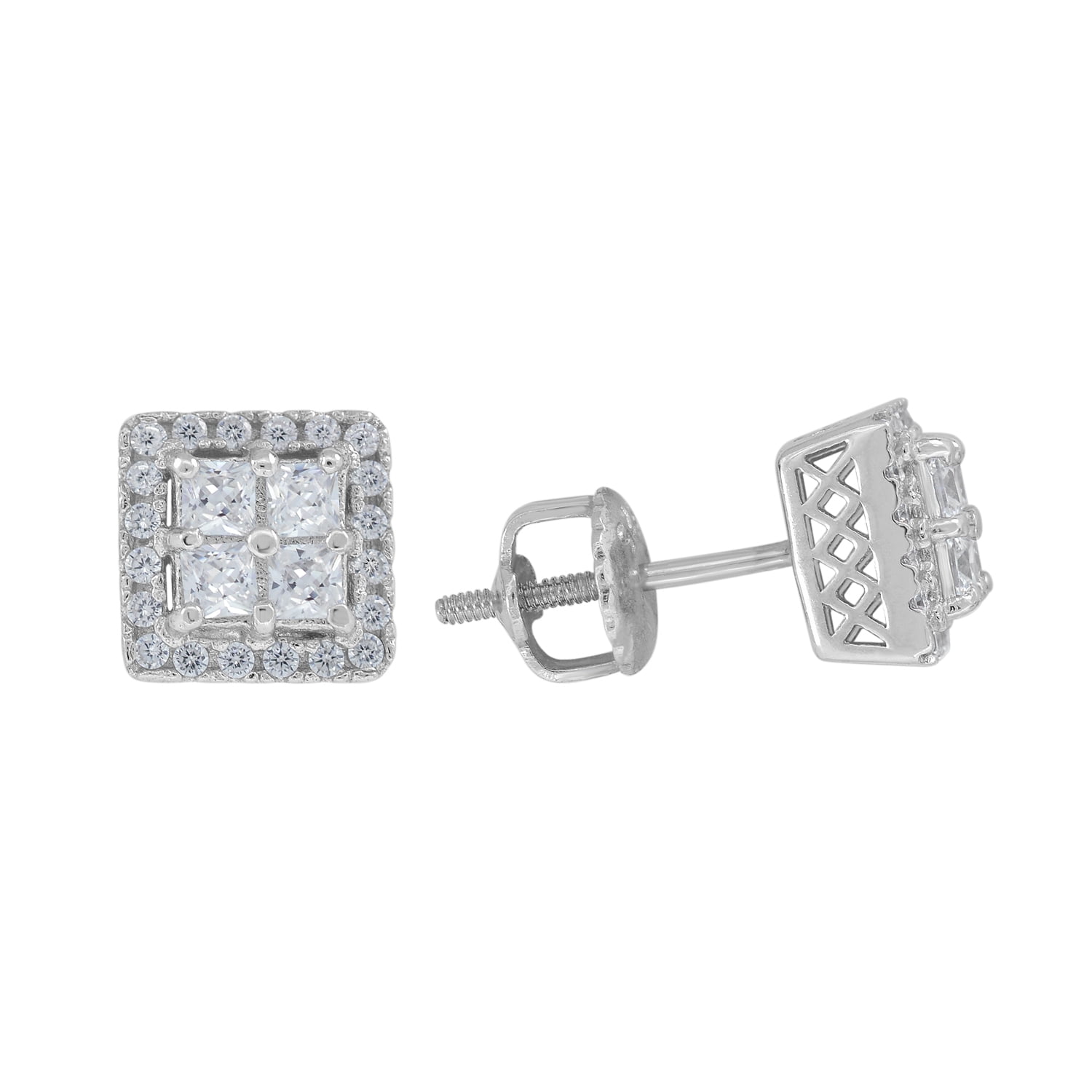 Sterling Silver Mens Womens Unisex Round Cubic Zirconia CZ Stud Cluster Square Fashion Earrings
