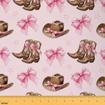 Feelyou Princess Pink Bowknot Fabric by the Yard 1 Yard, Rustic Brown Boots Home Decor Fabric by the Yard, Child Kawaii Cowgirl Sewing Fabric, Lightweight Room Decor