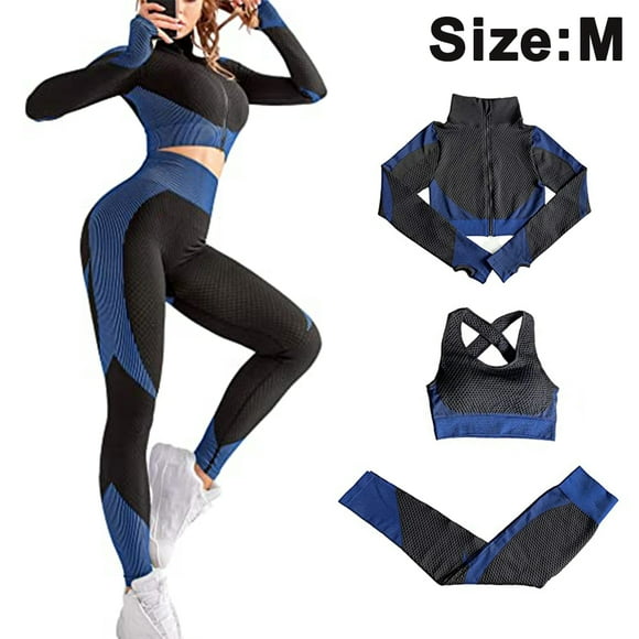 Women's Workout Outfit 3 Pieces Tracksuit-Seamless Hip lift Yoga Leggings and Stretch Sports Bra Gym Clothes Set