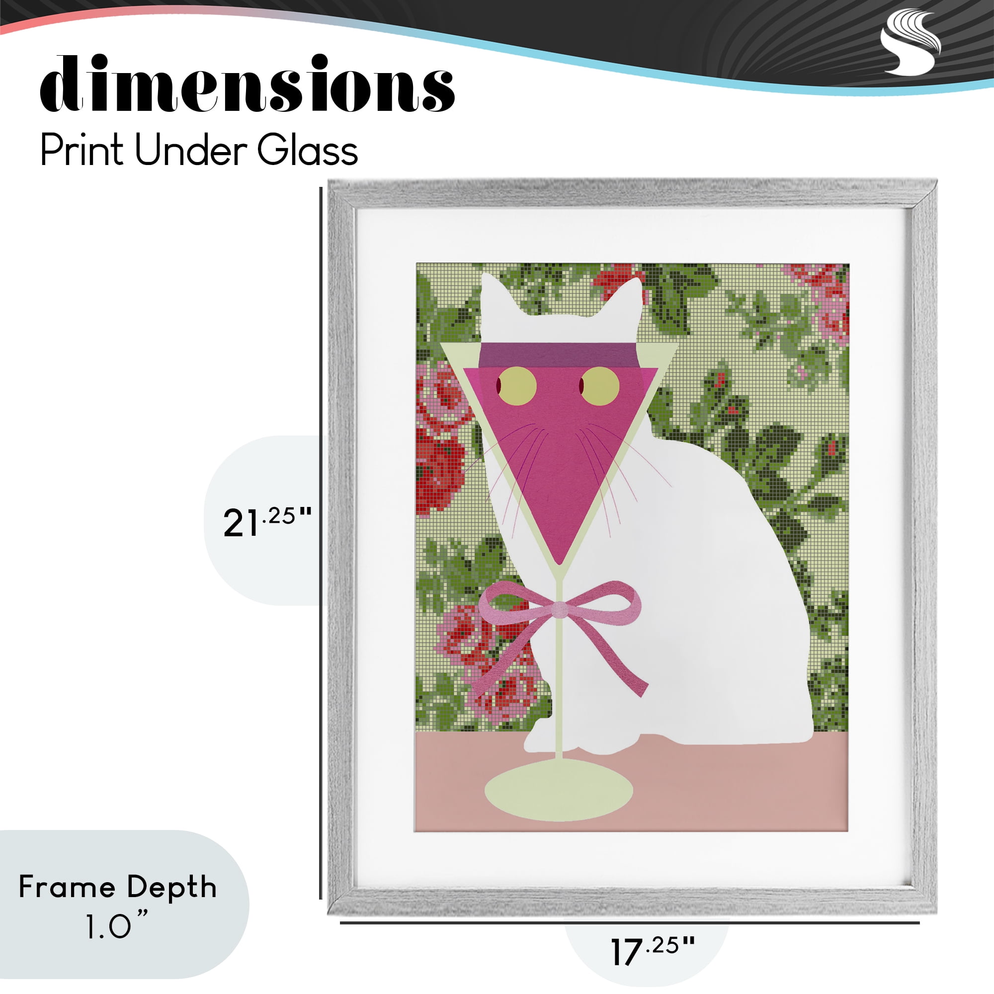 Stupell Industries White Cat with Pink Martini Gray Framed Print Under Glass, design by Lil' Rue