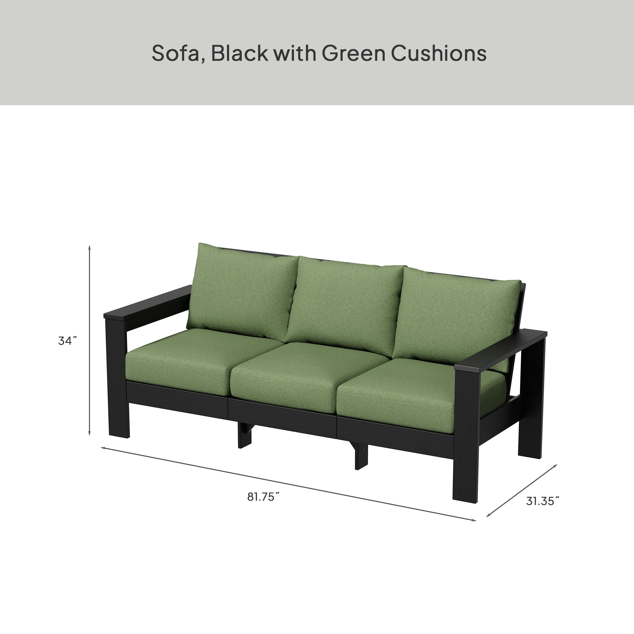 Better Homes & Gardens Ezra Outdoor HDPE Sofa, Black with Green Cushions