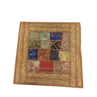 Mogul Ethnic Indian Cushion Case Embroidered Sequins Zari Patchwork Vintage Brown Pillow Cover 16"x16"