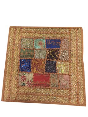 Mogul Ethnic Indian Cushion Case Embroidered Sequins Zari Patchwork Vintage Brown Pillow Cover 16"x16"