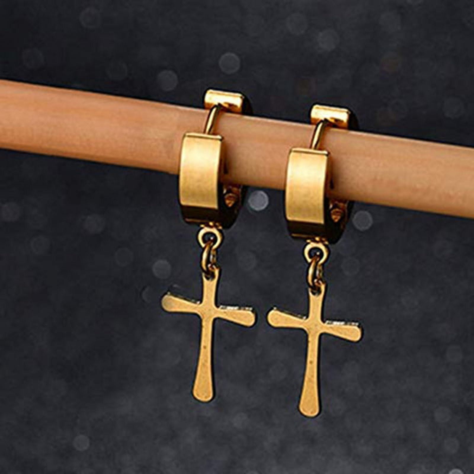 Men Women Stainless Steel Cross Dangle Hoop Earrings Ear Piercing