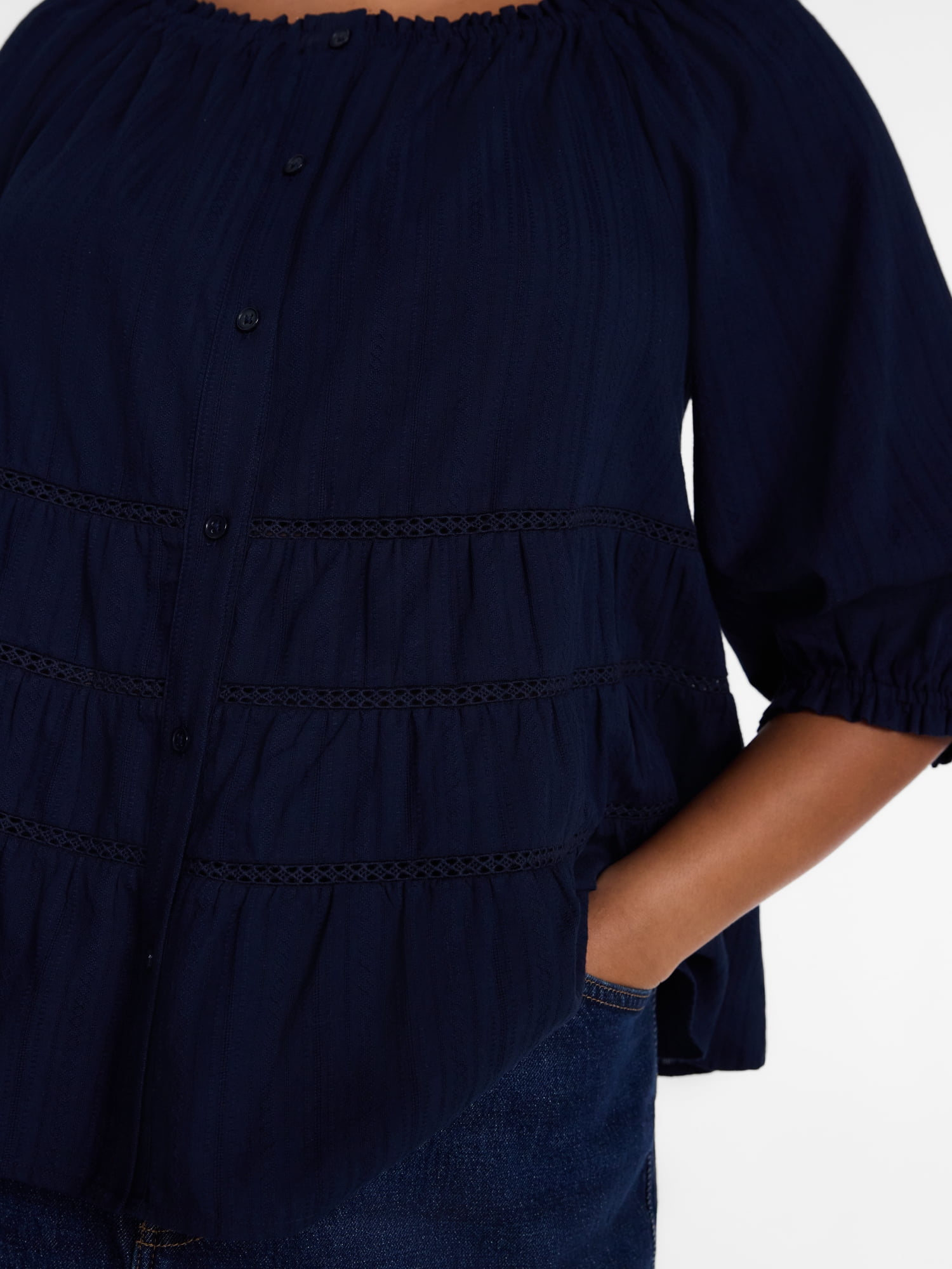 Terra & Sky Women's Plus Button Front Swing Top with Elbow Length Sleeves, Sizes 0X-5X