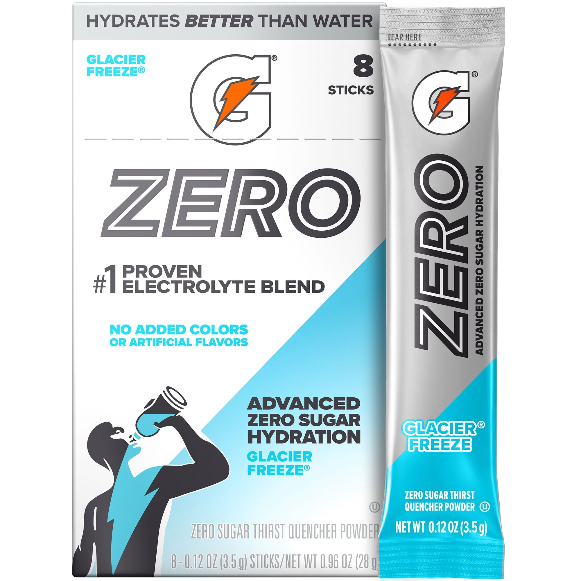 Gatorade Zero Sugar Glacier Freeze, On the Go Packs, Electrolyte Powder Drink Mix, 0.12 oz, 8 sticks