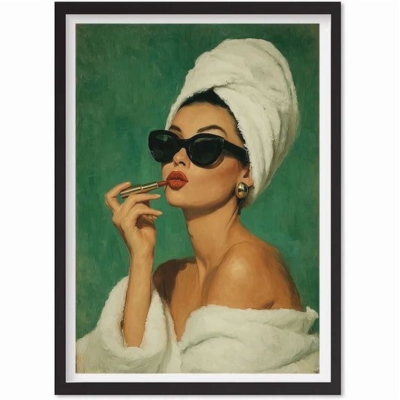 Lipstick Glam Woman Poster – Retro Vanity Wall Art In Green With Sunglasses, Matte Canvas Stretched, Posters for Room Bedroom Living Room Bathroom Wall Decor, Posters & Art Prints, Gift.