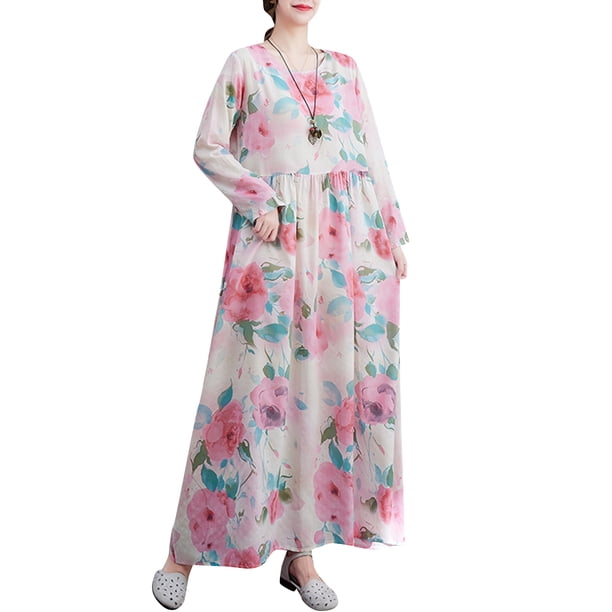 Vestido vintage de mujer de manga larga estampado de gran tamaño boho casual vestido de vacacio Abanopi Vestido