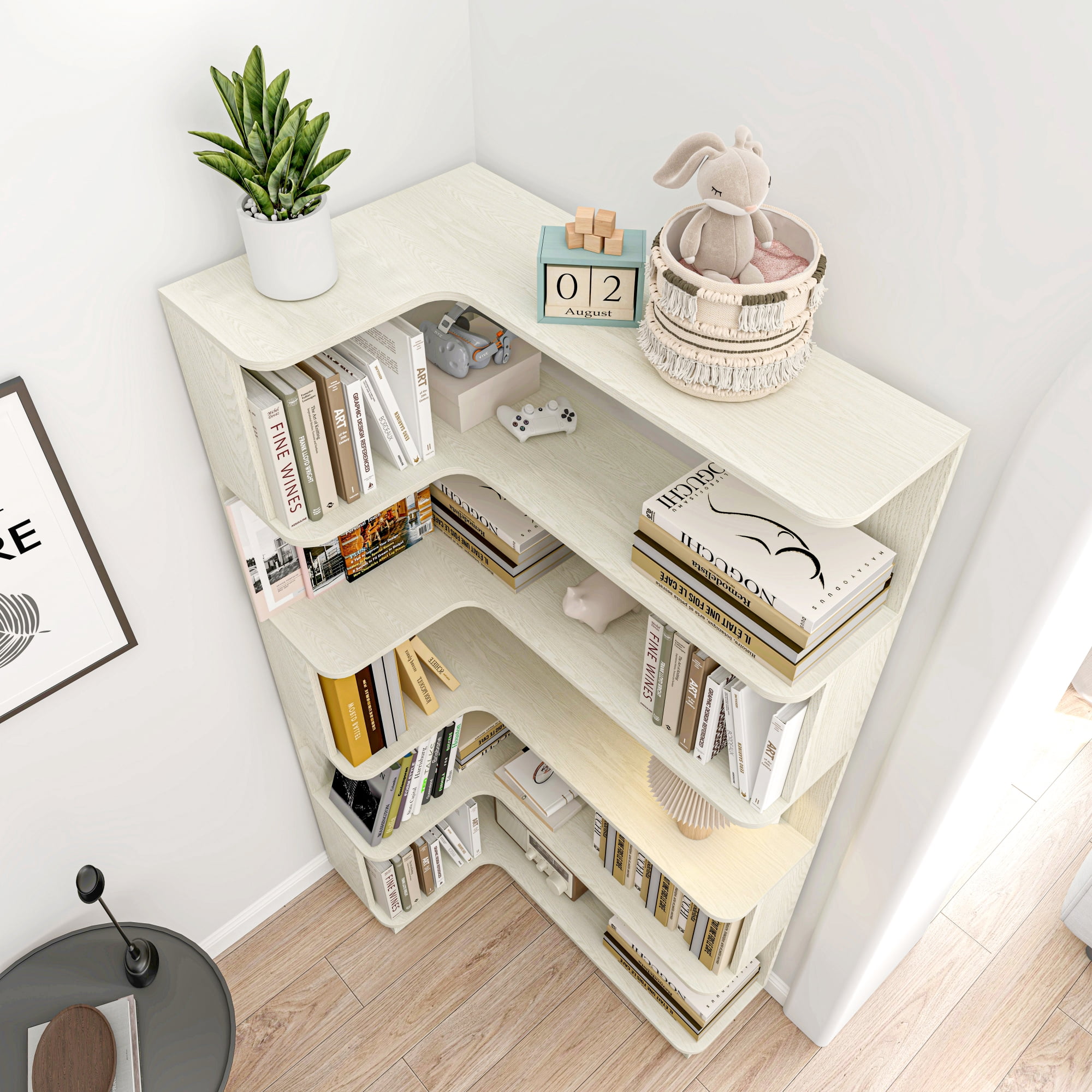 Leumius 5 Tier Freestanding L-Shaped Corner Bookshelf,Wooden Bookcase with Anti-drop Panel and Anti Tipping Device, Display shelf Open Storage,White
