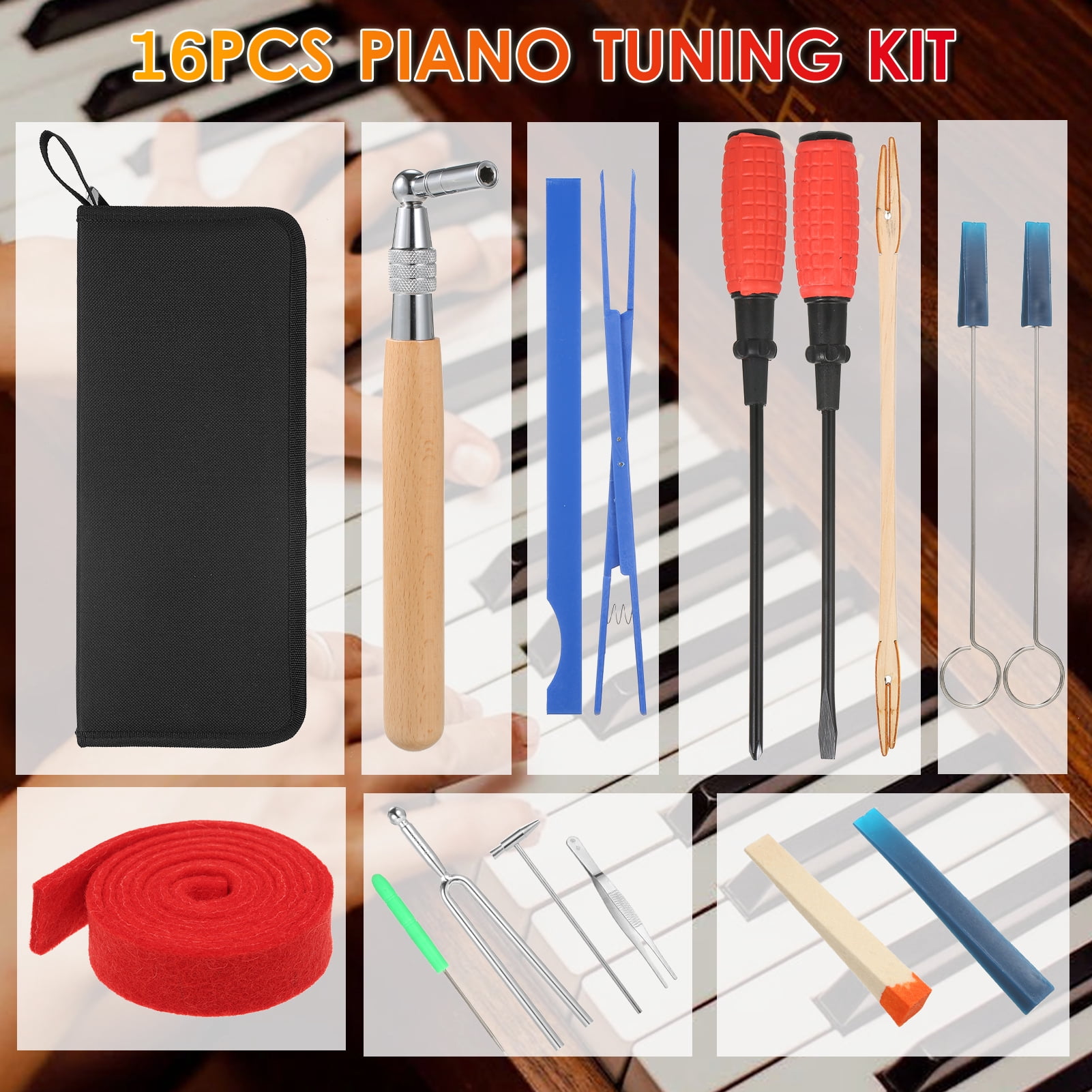 Piano Tuner Hammer Kit 16pcs Piano Tuning Kit Professional Tuning Tools Set Long Handle Tuning Wrench Rubber Mutes Screwdriver Tweezers Hammer Temperament Felt Strip Fork for Piano Tuner with Bag