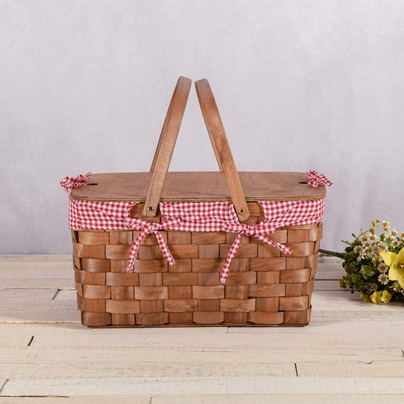 Picnic Time Kansas Handwoven Wood Picnic Basket with Tabletop Lid and Removable Liner, Red & White Gingham Pattern