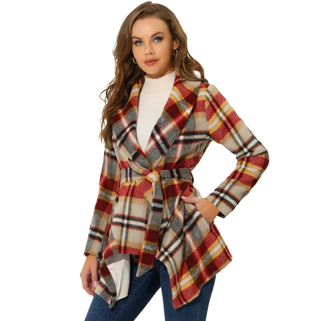INSPIRE CHIC Manteau Cache-Cœur Fin à Carreaux Ourlet Asymétrique Col Rabattu Femme Rouge Brun G