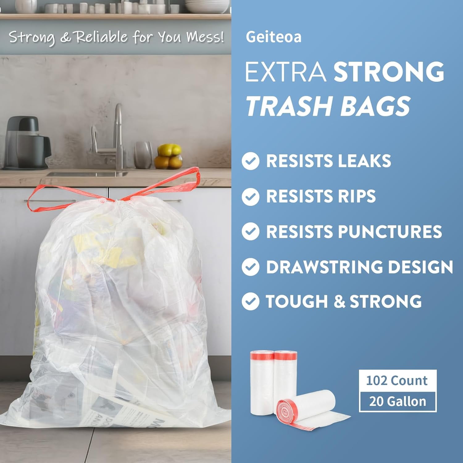 20 Gallon Trash Bags Fit 20-21 Gal, Extra Strong Large Garbage Bags w/Drawstring (102 Count) Heavy Duty Plastic Trash Liners for Kitchen Commercial Office Lawn, Clear