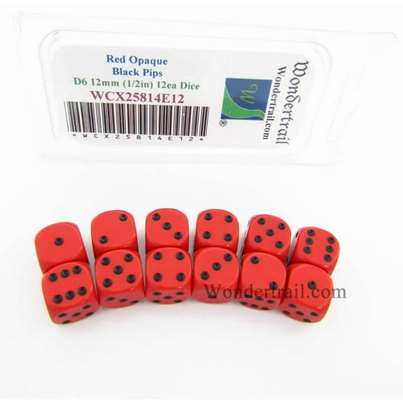 Red Dice with Black Pips D6 12mm (1/2in) Pack of 12 Wondertrail