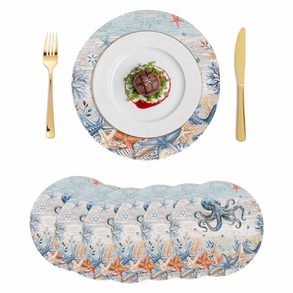 Octopus Coastal Round 15 Inch Placemats Set of 6, Summer Beach Coral Starfish Blue Grey HeatResistant Non Slip Place Mats for Dining Table, Wipeable Braided Kitchen Table Mats for Housewarming