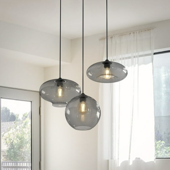 Industrial Retro 3 Way Pendant Light, Cluster Chandelier Hanging Lamp Fixture Brass Fittings with Glass Globe Lampshade (Grey)