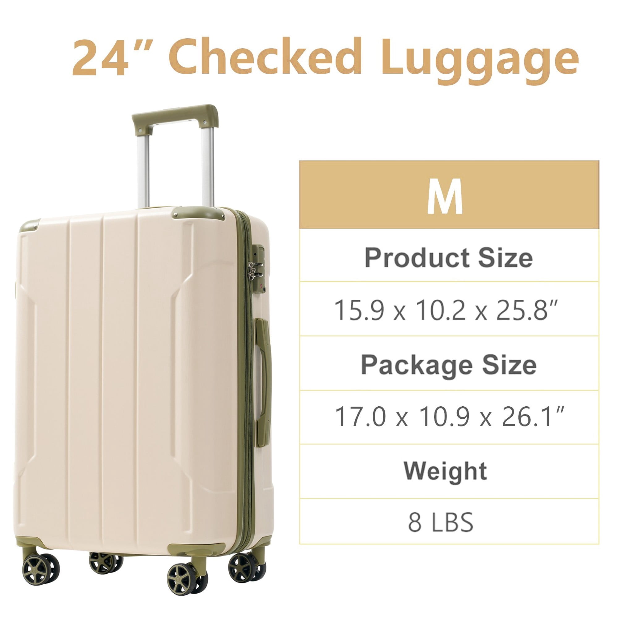 24 Inch Checked Luggage, ABS+PC Lightweight&nbsp;Hardshell Suitcase with TSA Lock & Spinner Silent Wheels, Medium Size with 65L Capacity, Convenient for Trips, Green