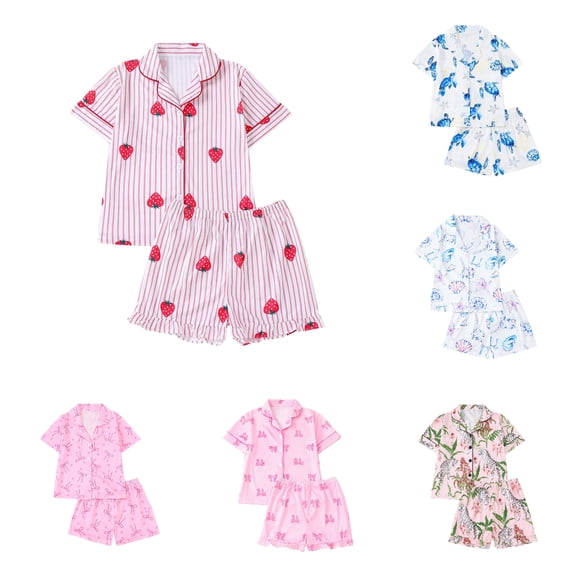 Afuyipoi Girls Outfit Sets Short Sleeve Button-up Shirt and Shorts Set Printed Sleepwear Loungewear for Kids,White 5-6T