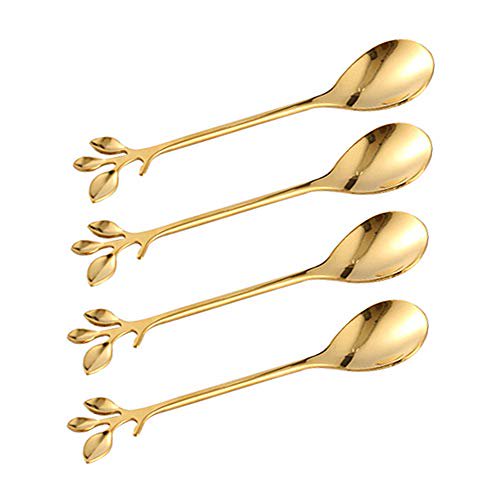 Turbokey Gold Leaf Coffee Spoon Set of 4,IceCream Tea Stirring Spoons