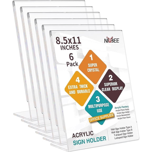 NIUBEE 6Pack Acrylic Sign Holder 8.5 x 11 with Vertical Slanted Back, Clear Acrylic Sign Holder, Acrylic Display Stands, Paper Display Stand for Office Desktop