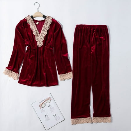 

Ovzne Nightgown Women s Gold Velvet Embroidered lace Long Sleeve Shirt Trousers Pajama