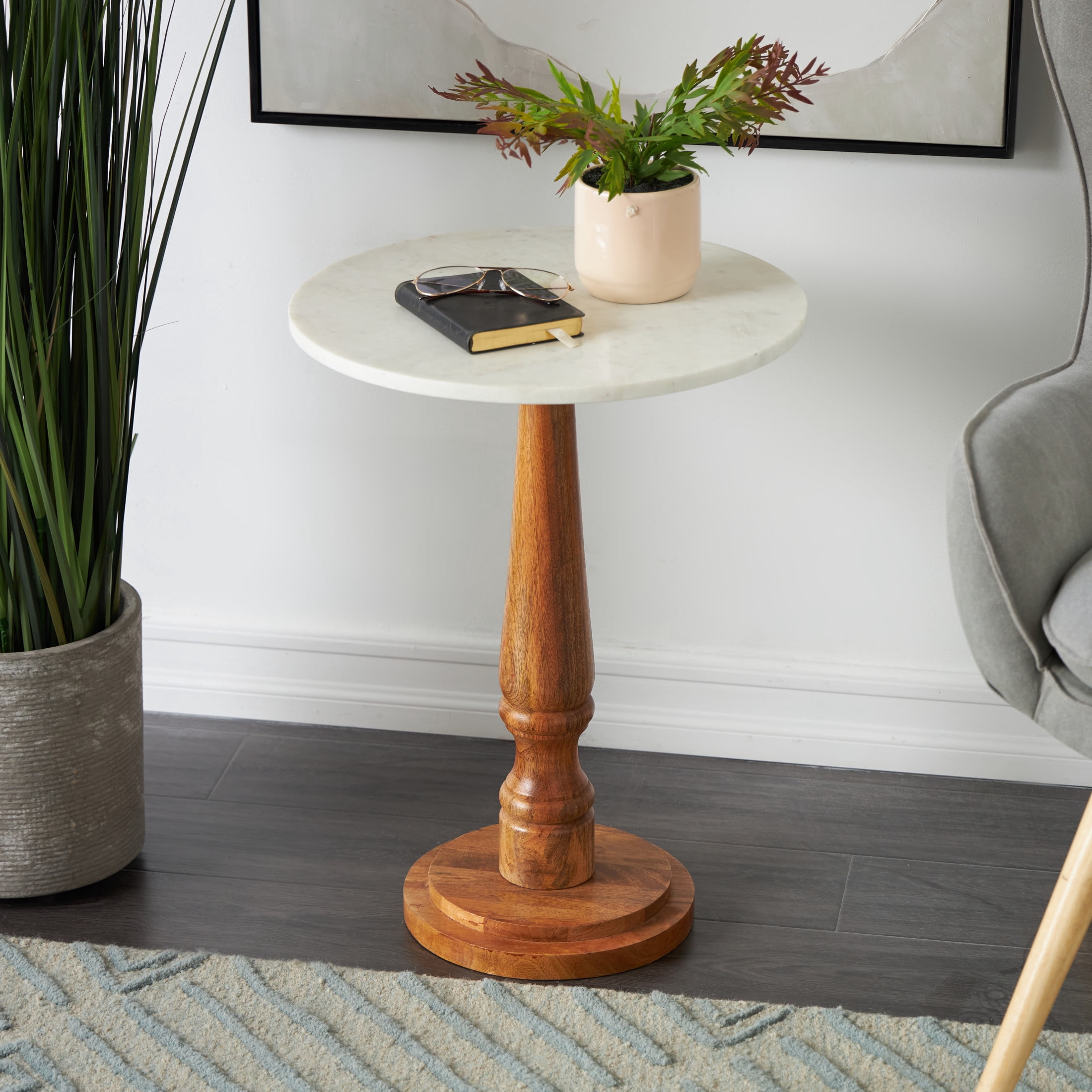 DecMode 18" x 23" Brown Mango Wood Turned Accent Table with White Marble Tabletop, 1-Piece