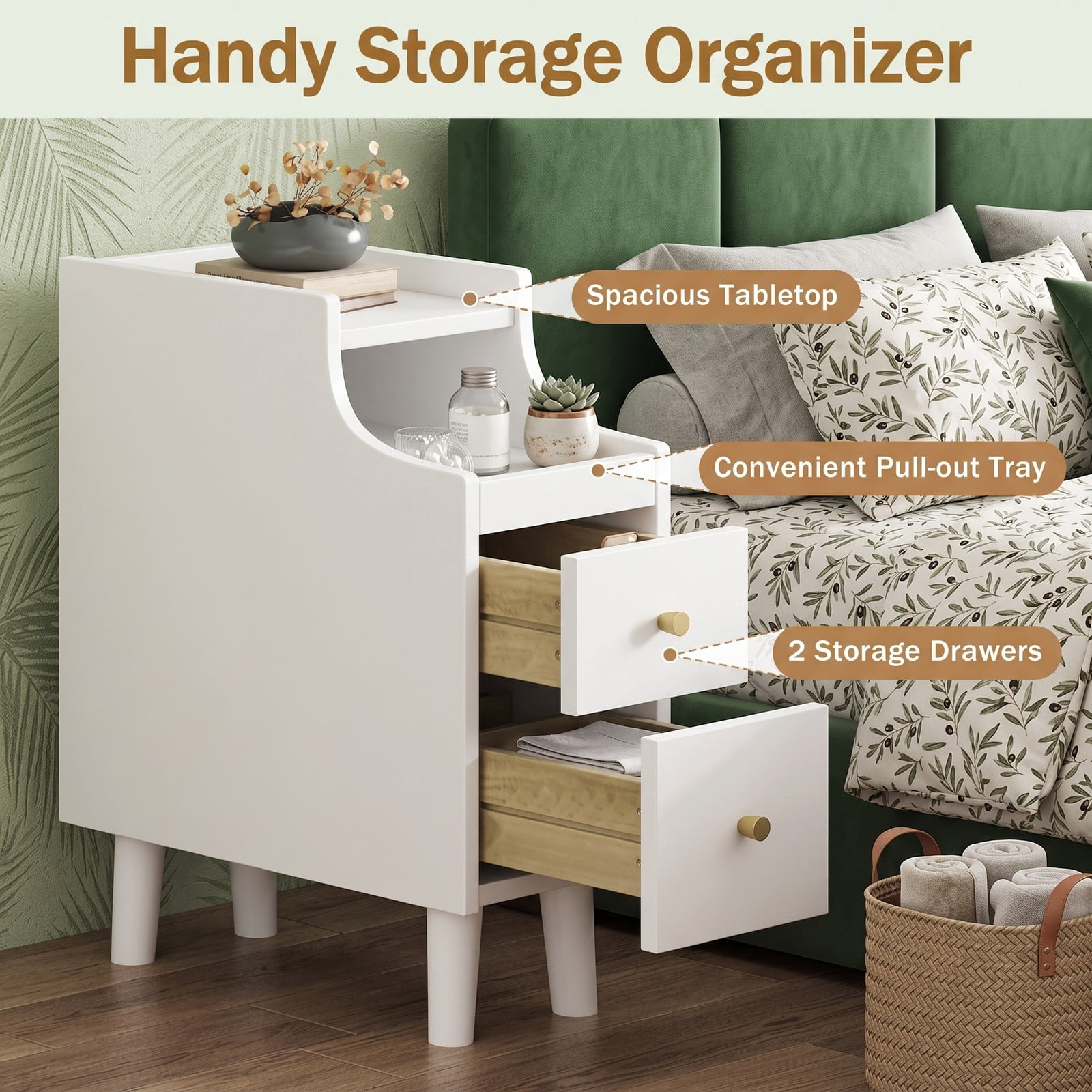 Furnibear Narrow Nightstand with Pull-out Tray and 2 Storage Drawers, Slim Solid Wood Bedside Table for Small Spaces and Tight Corners, White