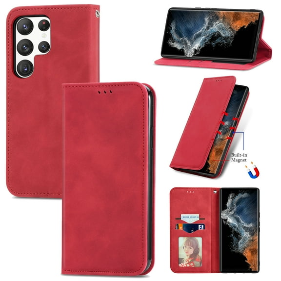 Nalacover Wallet Case for Samsung Galaxy S23 Ultra, Card Slots Holder Magnetic Closure Flip Folio Cover with Kickstand Bracket Luxury PU Leather Soft TPU Shockproof Case for Samsung S23 Ultra,Red