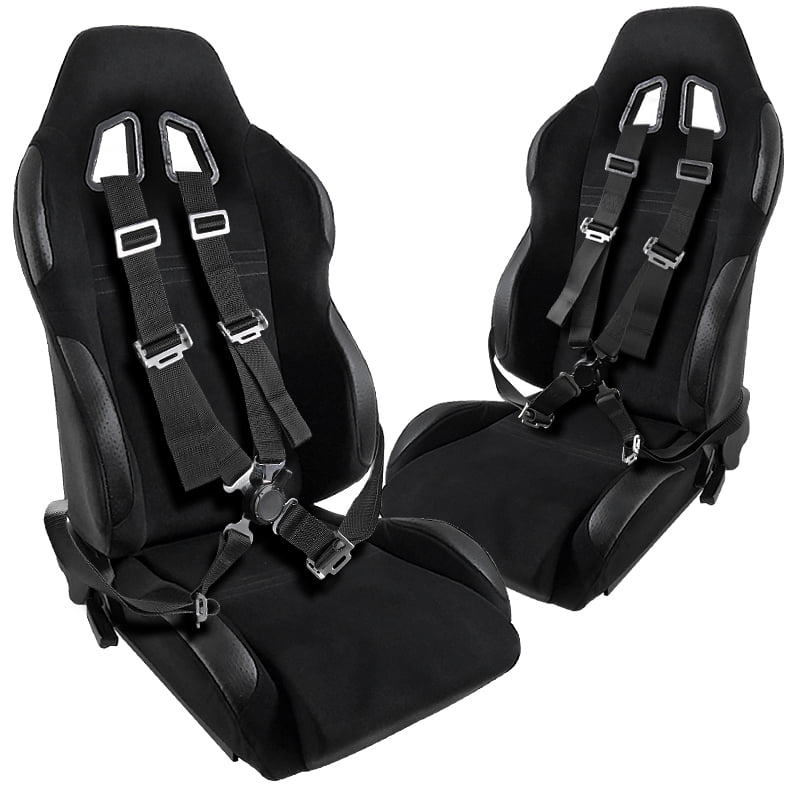 SpecD Tuning Black Cotton Reclinable Sport Racing Seats + 4 Point