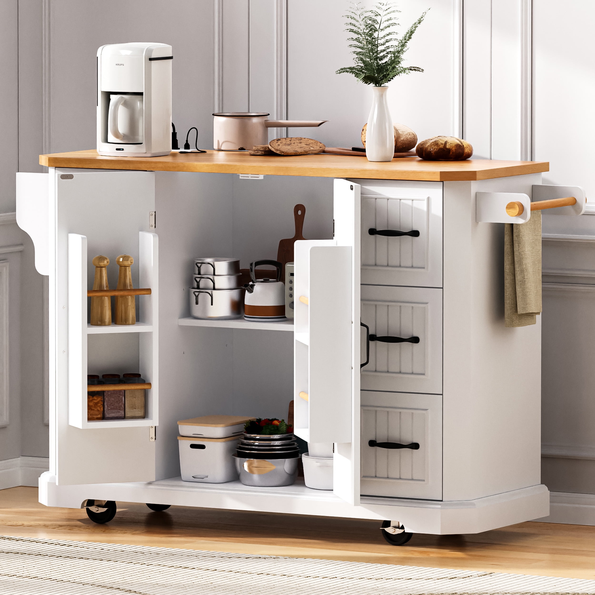 DTTRA 56" Kitchen Island with Drop Leaf & Power Outlet, Rolling Kitchen Cart on Wheels with 6 Drawers, 4-Door Shelves & Rubber Wood Top, Mobile Storage Cabinet for Kitchen & Dining Room, White