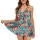 thumbnail image 1 of Traje de baño para mujer, 2 piezas, Control de barriga, lazo frontal, cuello en V, trajes de baño elásticos estampados, falda con pantalones cortos, hojas rojas y verdes XXL, 1 of 6