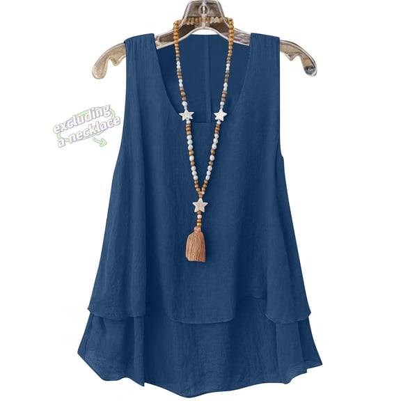 Women's Plain Double Layer Tank Top Summer Loose Fit Scoop Neck Sleeveless Tee Tank Flowy Casual Daily Wear Tops Navy