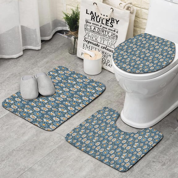 Blue Daisy Flower White Blooms Pattern Bathroom Rugs Sets 3 Piece,Toilet Cover Set,Absorbent Non Slip Bathroom Mats Sets with U-Shaped Contour Rug Toilet Rug Set