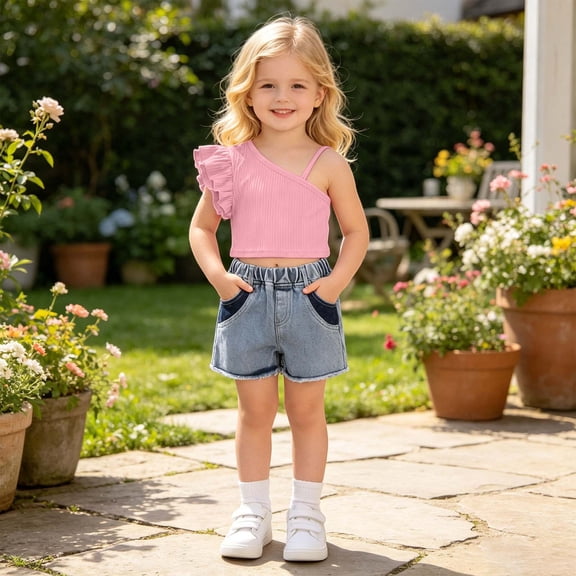 Toddler Girl Outfits 2 Piece Solid Print Crew Neck Sleeveless One Shoulder Ruffle Crop Top And Shorts for Summer Play Girls' Clothing Sets Pink 2-3 Years