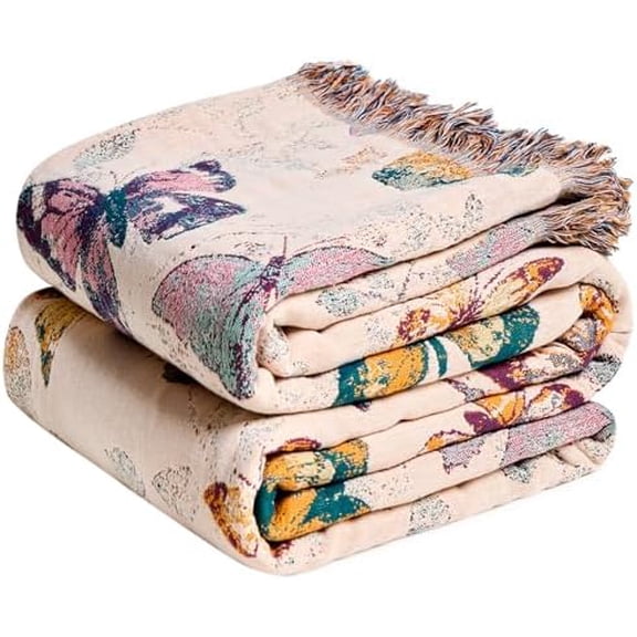 Boho Throw Blanket for Couch Cotton Butterfly Blanket 50"x60" Sofa Chair Blankets All Seasons Muslin Breathable Lightweight Farmhouse Blankets Home Decor