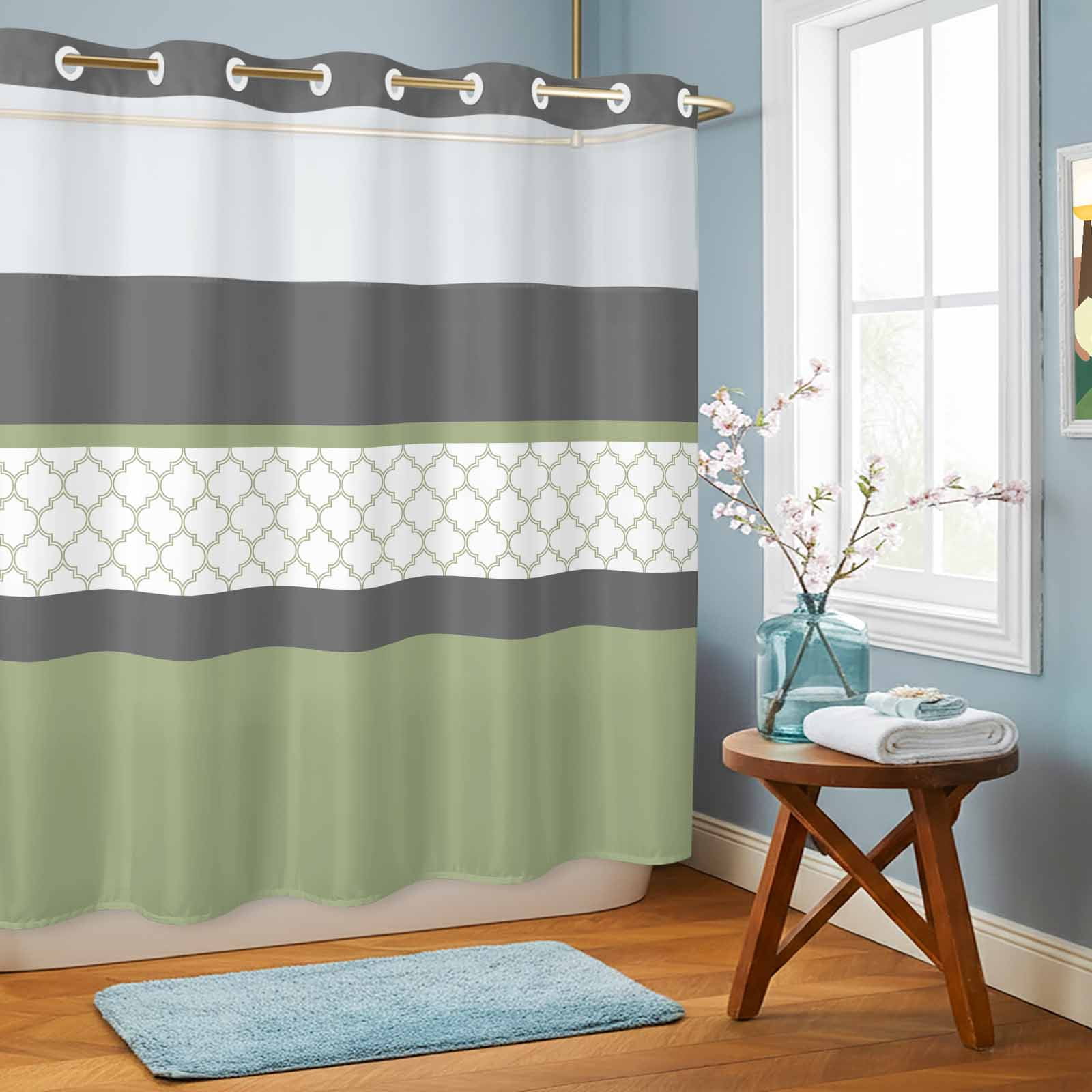 No Hook Shower Curtains for Bathroom Sage Green Morocco Waterproof Shower Curtain Decorative Modern Stitching Geometric Striped Grey Bath Tub Bath Curtains with See Through Top Window 72x72 Inch