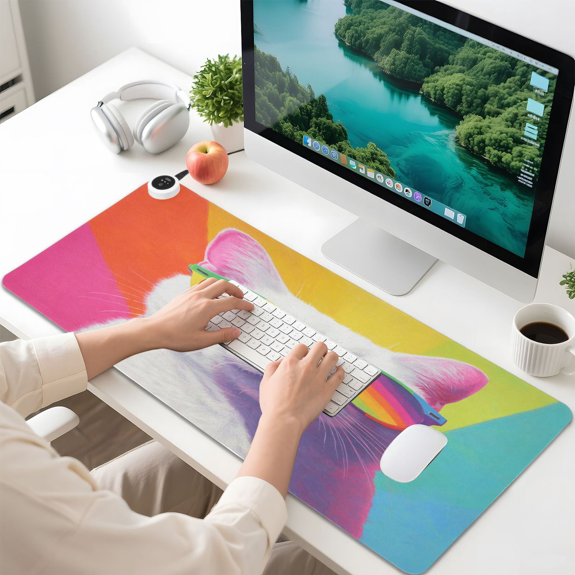 Large Heated Desk Mat Mouse Pad 31.5"x13"PU Leather Graphene Heating Desk Warmer with 3 Temperature Settings 110V US Plug Non-Slip Warm Pad for Home, Office, and Gaming White Cat Colorful Sunglasses