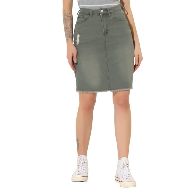 Unique Bargains Women's Distressed High Waist Ripped Hem Washed Denim Skirt, Grey, XL