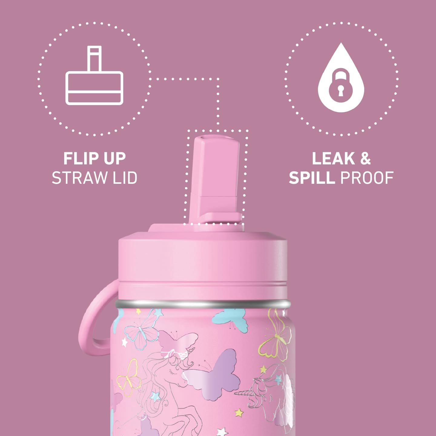 Hydrapeak Mini 14oz Fun Sticker Print Water Bottle with Straw Lid, Stainless Steel Double Wall Insulated Water Bottle, Leak-Proof and Spill-Proof Water Bottle, Butterfly Allover-Bubblegum