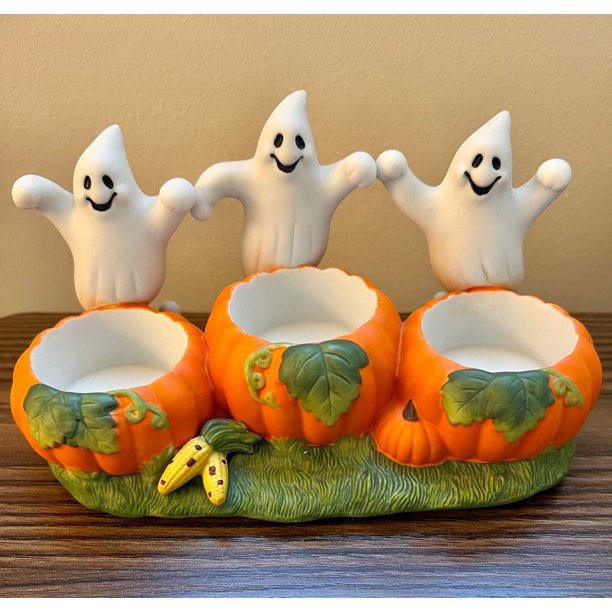 Candelabro de Halloween | Decoración otoñal con diseño de calabaza y fantasma | Incluye 1 vela de Halloween | Centro de mesa de temporada | Decoración para fiestas de Halloween | Decoración otoñal