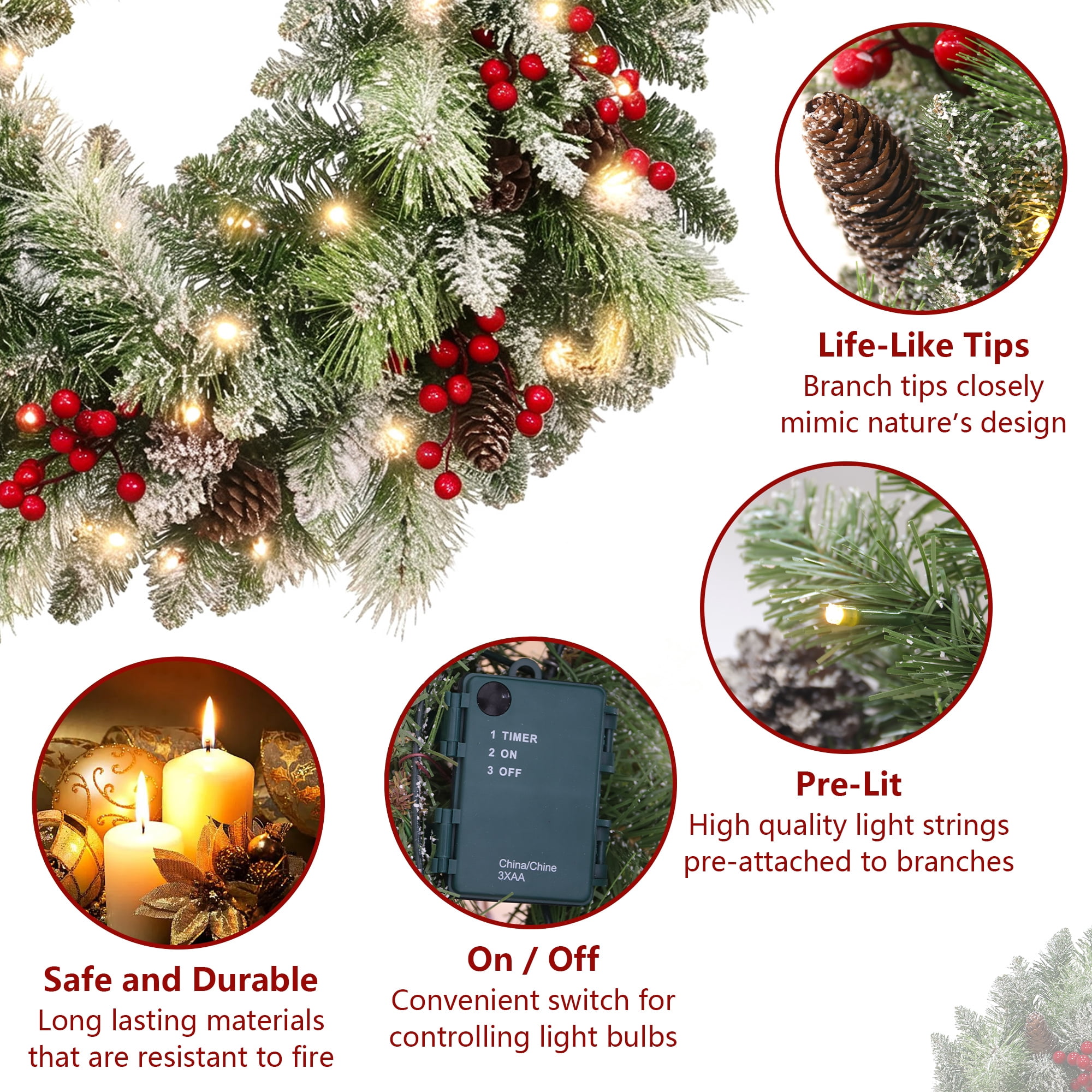 Abble 108" Artificial Christmas Garland, Pre‑Strung Warm‑White LED Lights for Indoor & Outdoor Mantel Stairway Decoration