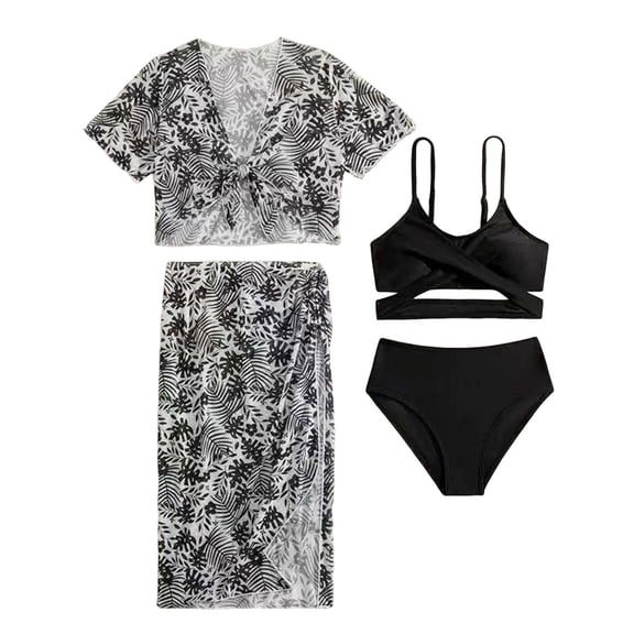 Caqnni Girls Four Piece Swimsuit Set Comfortable And Breathable Stylish Four Piece Design With Adjustable Shoulder Straps Swimwear Suit for Summer Vacation 7-8 Years Black