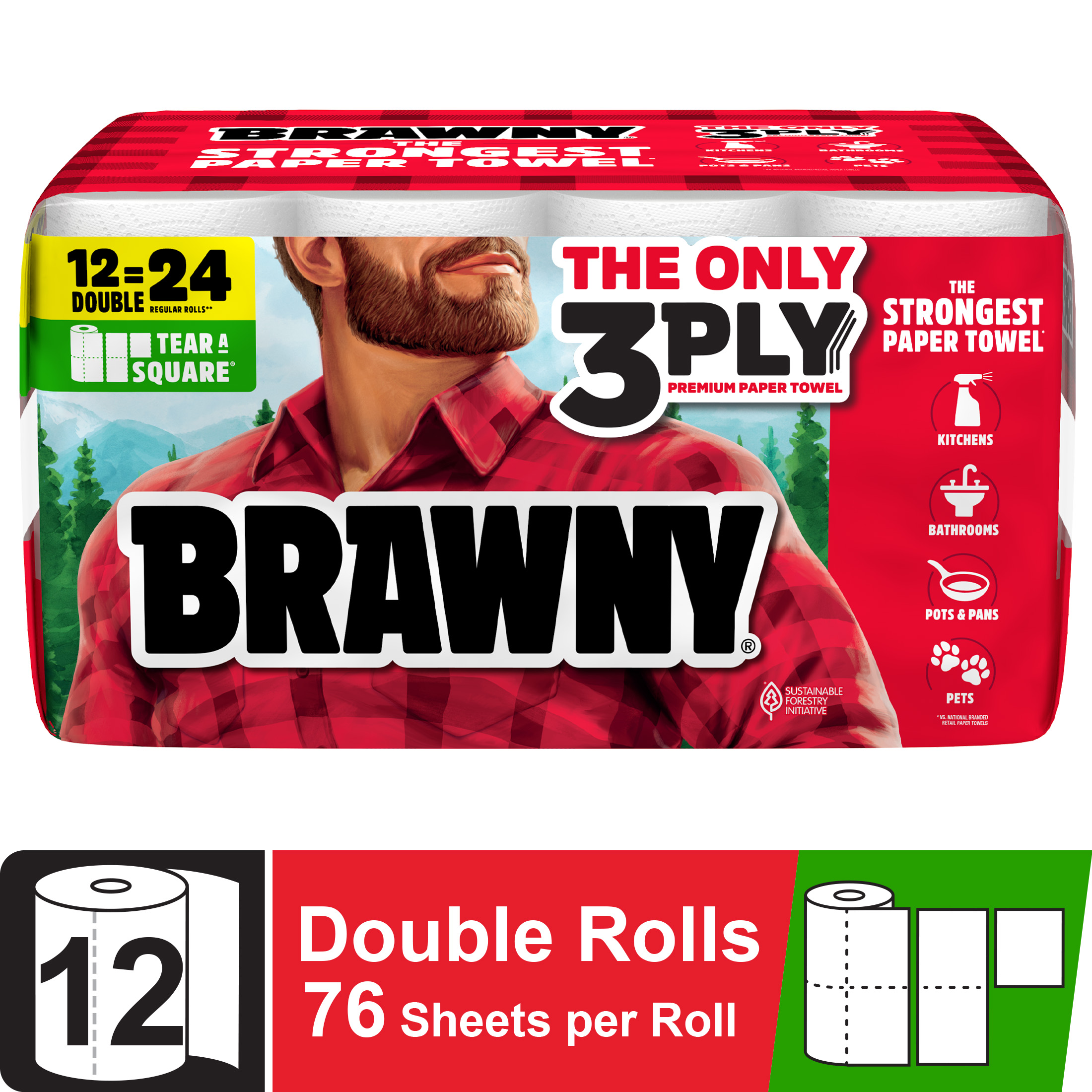 Brawny Tear-A-Square 3-Ply Paper Towels, 12 Double Rolls, 76 Sheets per Roll