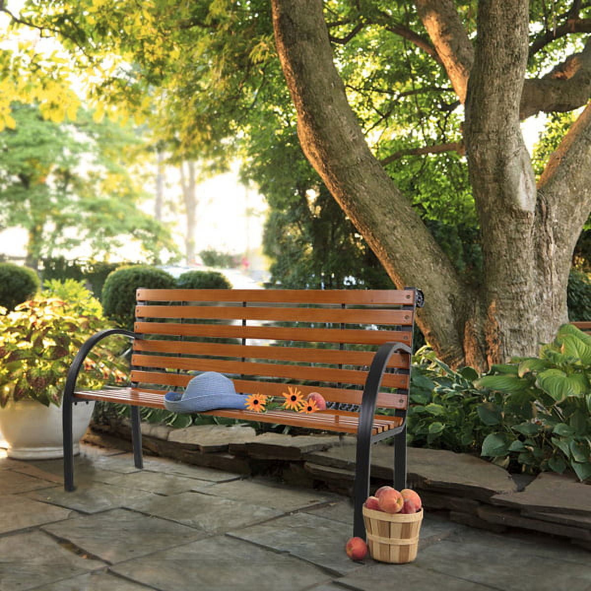 48" Hardwood Slotted Steel Cast Iron Frame Outdoor Patio Garden Bench Park Seat