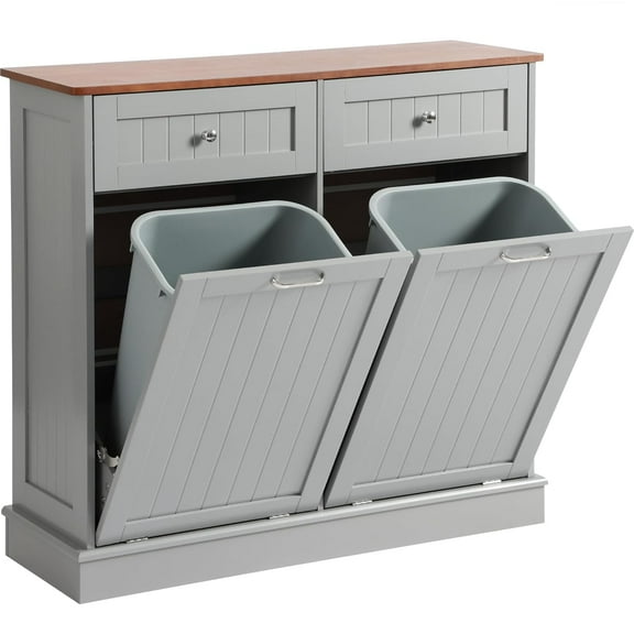 Tilt Out Trash Can Cabinet with Double Hidden Can Holder, Kitchen Free Standing Recycling Cabinet, Dog Proof, Wood, Gray