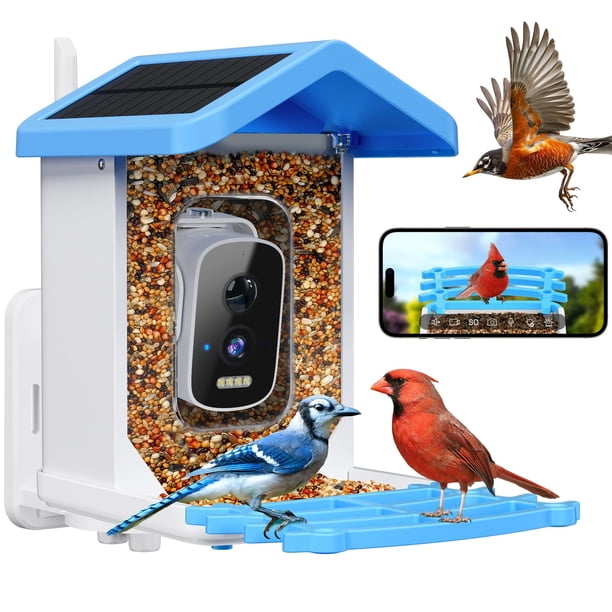 Comedero Inteligente para Pájaros Niuberber con Cámara y Reconocimiento de Especies en Azul