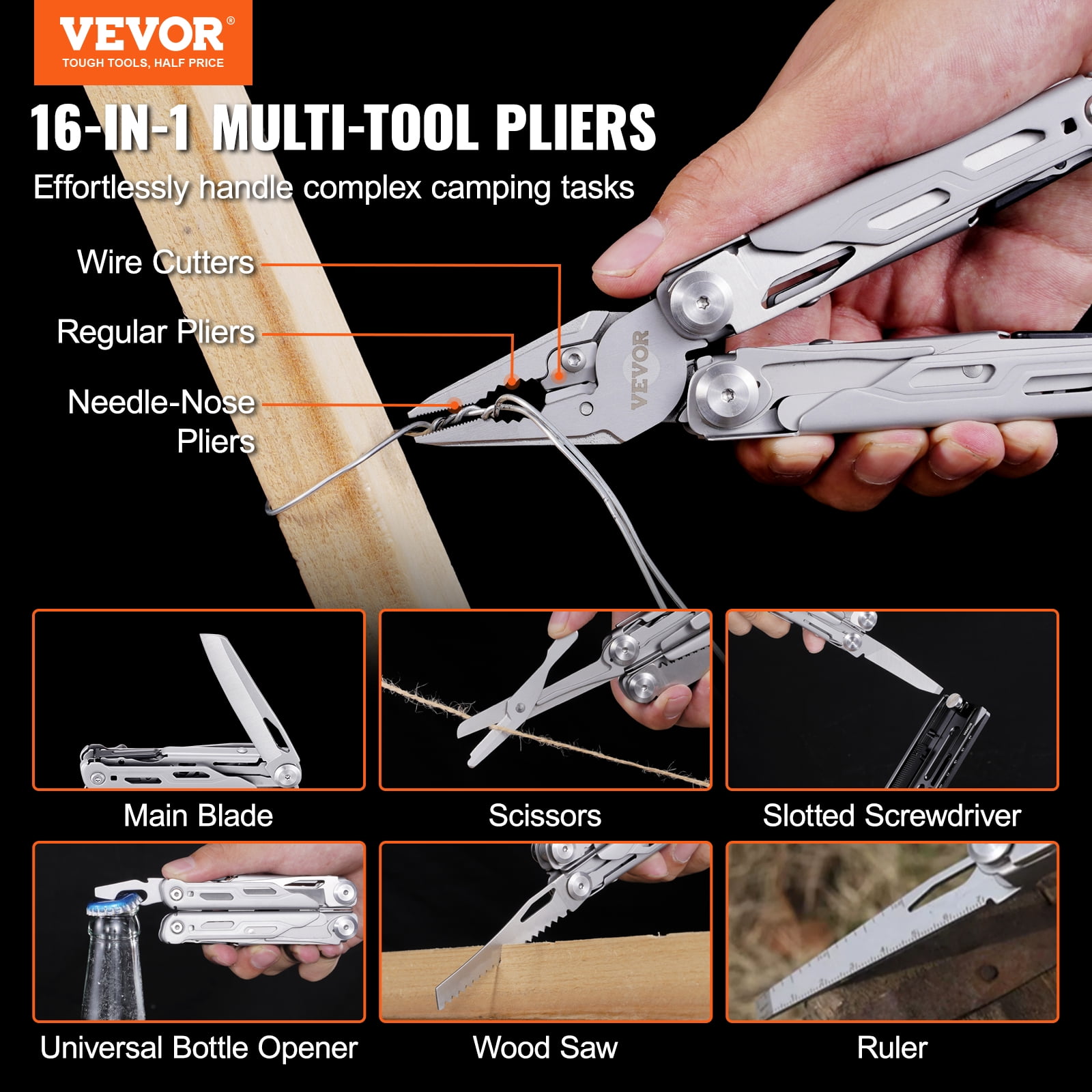BENTISM 16 in 1 Camping Multi tool Pliers, Cutters, Knife, Scissors, Ruler, Screwdrivers, Wood Saw, Can Bottle Opener, with Safety Locking and Sheath, for Survival, Camping, Hunting and Hiking