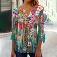 thumbnail image 2 of Women's Vintage Flouncy Blouse to Hide the Belly 3/4 Flare Sleeve Pleated Flowy Shirts Dressy Tops Henley Neck Tunic Summer Clothes Boho Floral Print 1/4 Button up Blouse Multicolor T Shirts L, 2 of 5