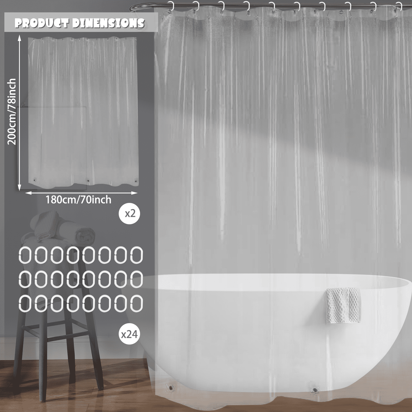 Dznils Extra Long Clear PEVA Shower Curtain Liner with Hooks Mildew Resistant, 72" W x 78" H, 2 Pack